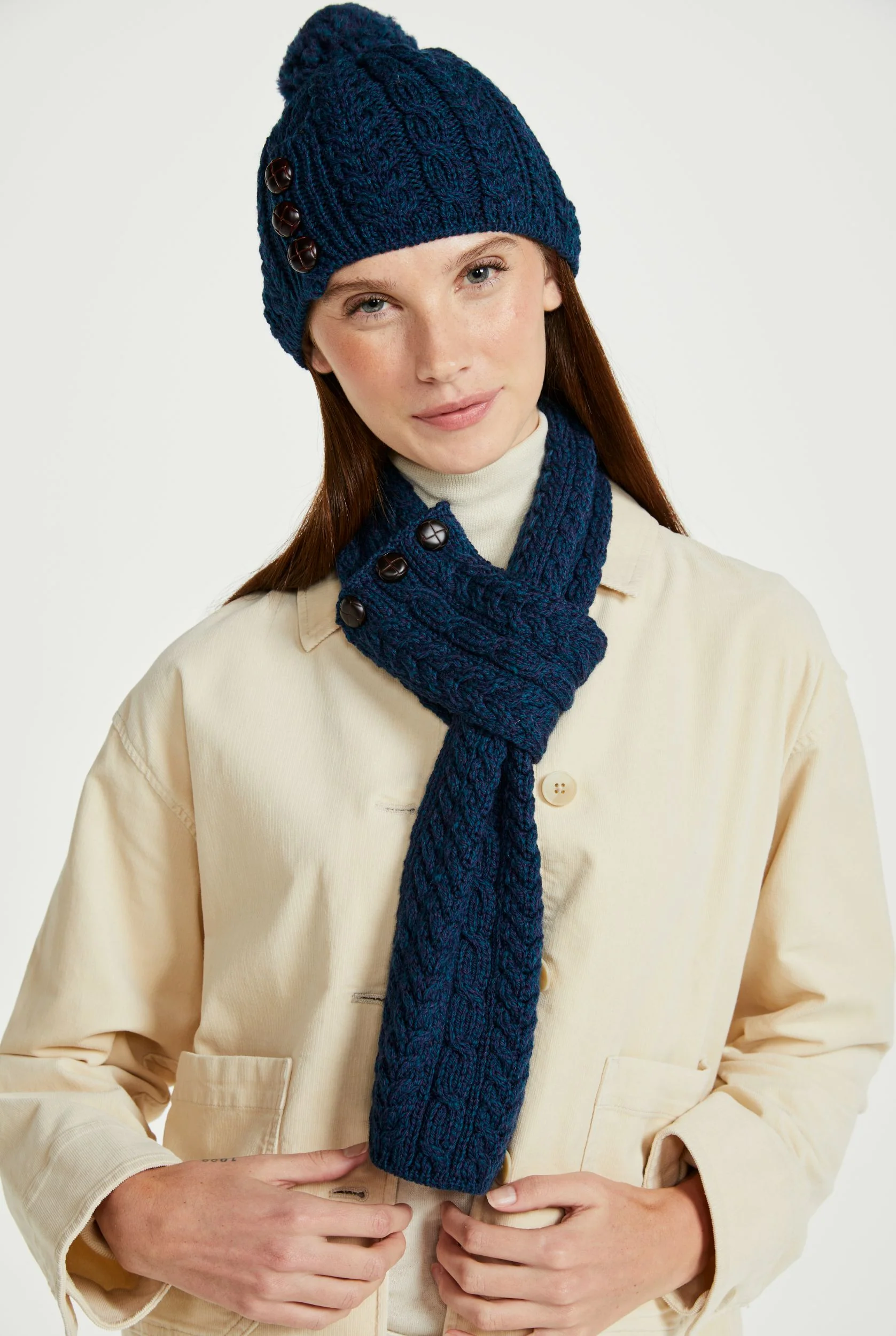 Cong Aran Merino Hat with Pom Pom -  Atlantic Blue - Image 4