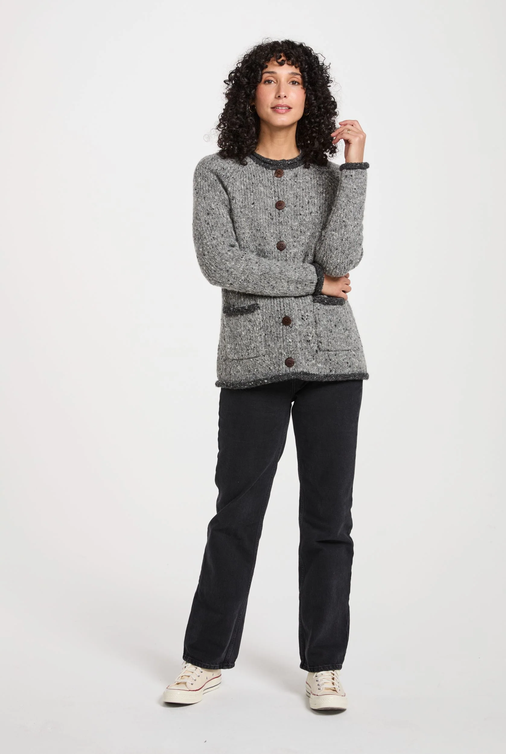 Glenariff Ladies Raglan Donegal Tweed Cardigan - Grey/Light Grey - Image 6