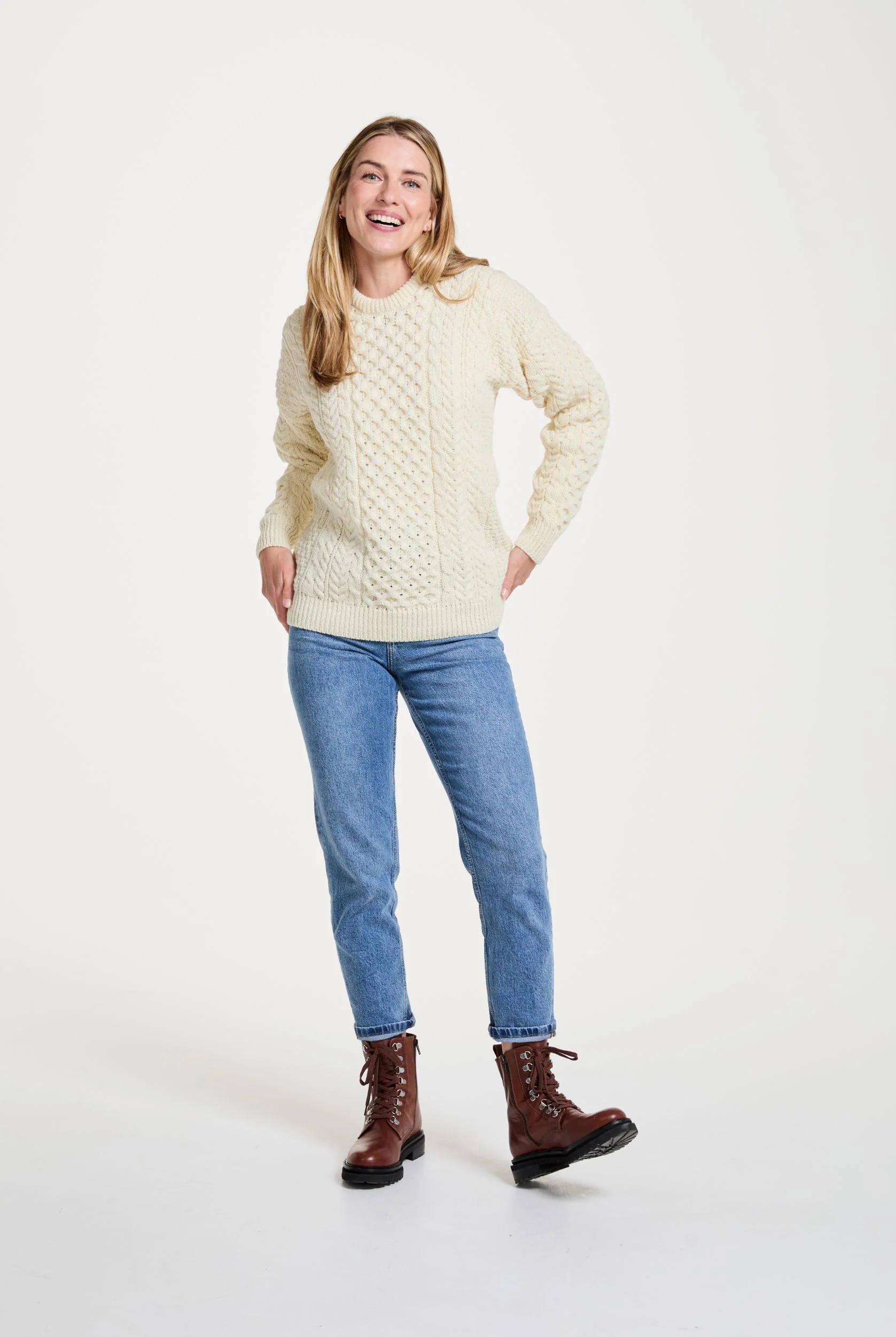 Inishbofin Ladies Traditional Aran Sweater - Cream - Image 3