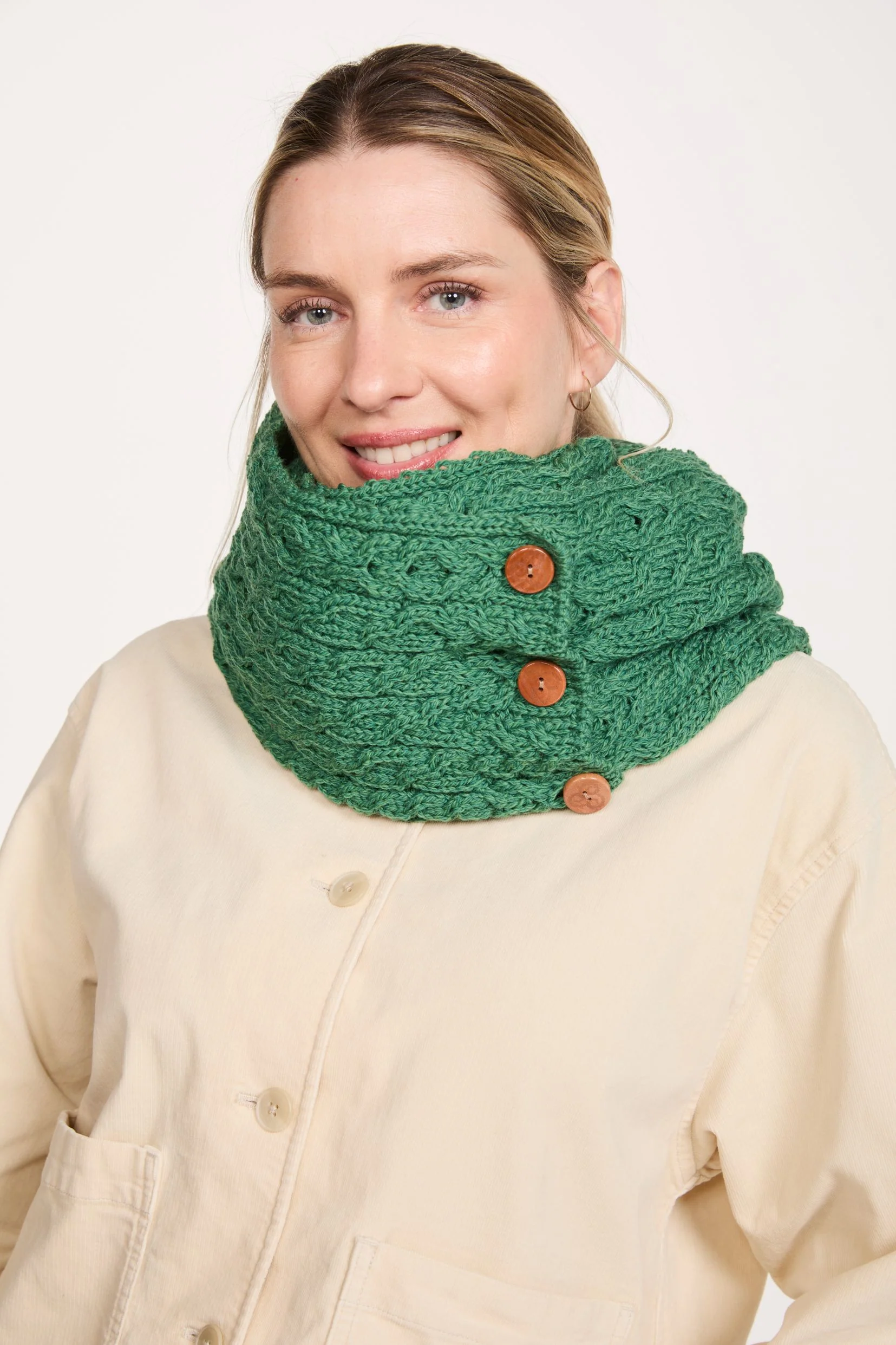 Kilmaine Aran Merino Snood Scarf with Buttons - Green - Image 3