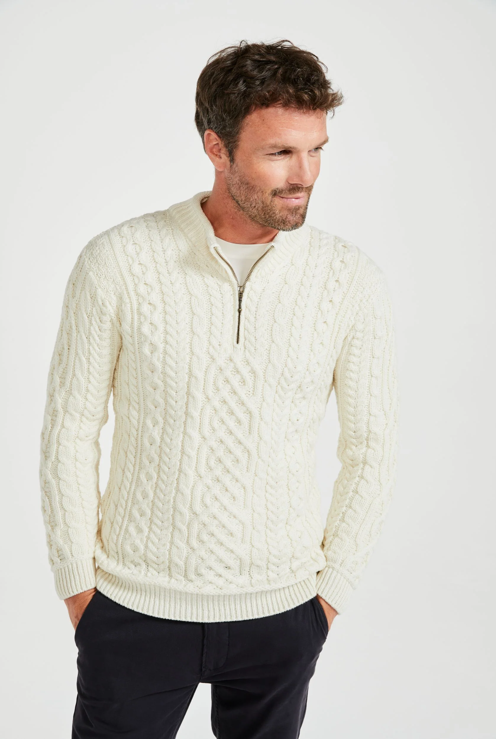 Lackaun Mens Half Aran Troyer with Zip - Cream - Image 3