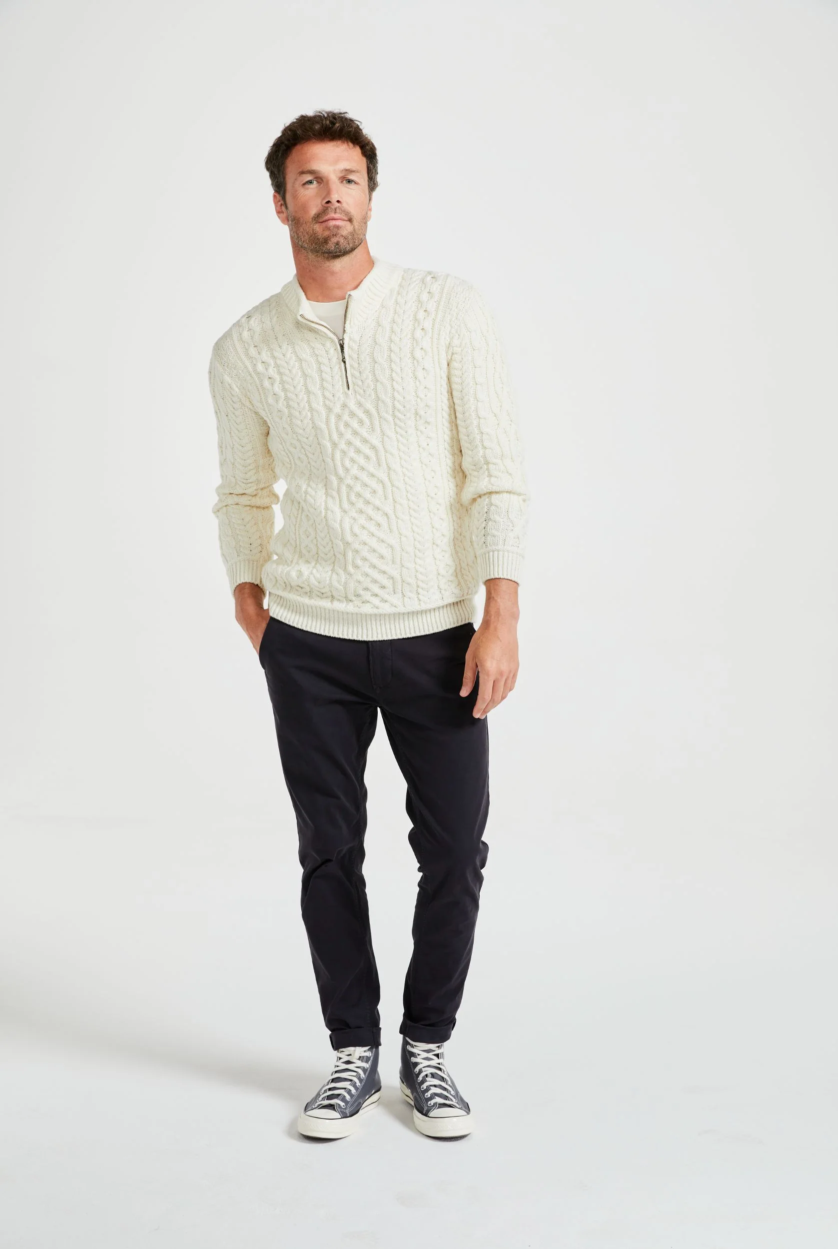 Lackaun Mens Half Aran Troyer with Zip - Cream - Image 4