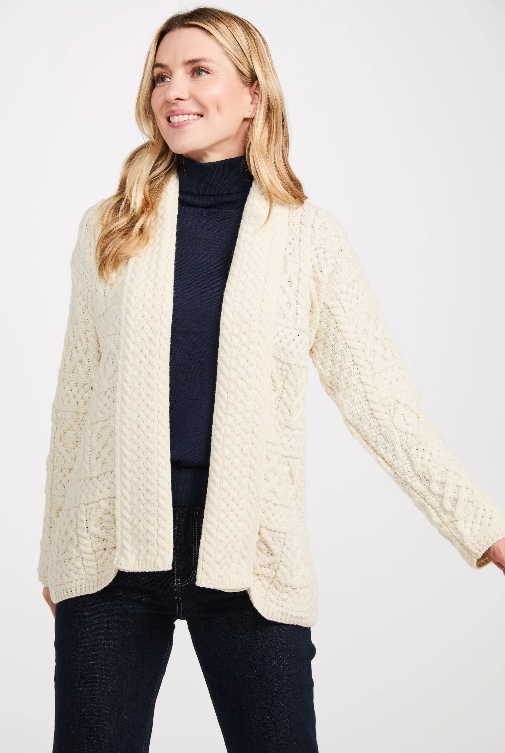 Liffey Ladies Merino Aran Shawl Cardigan - Cream - Image 4