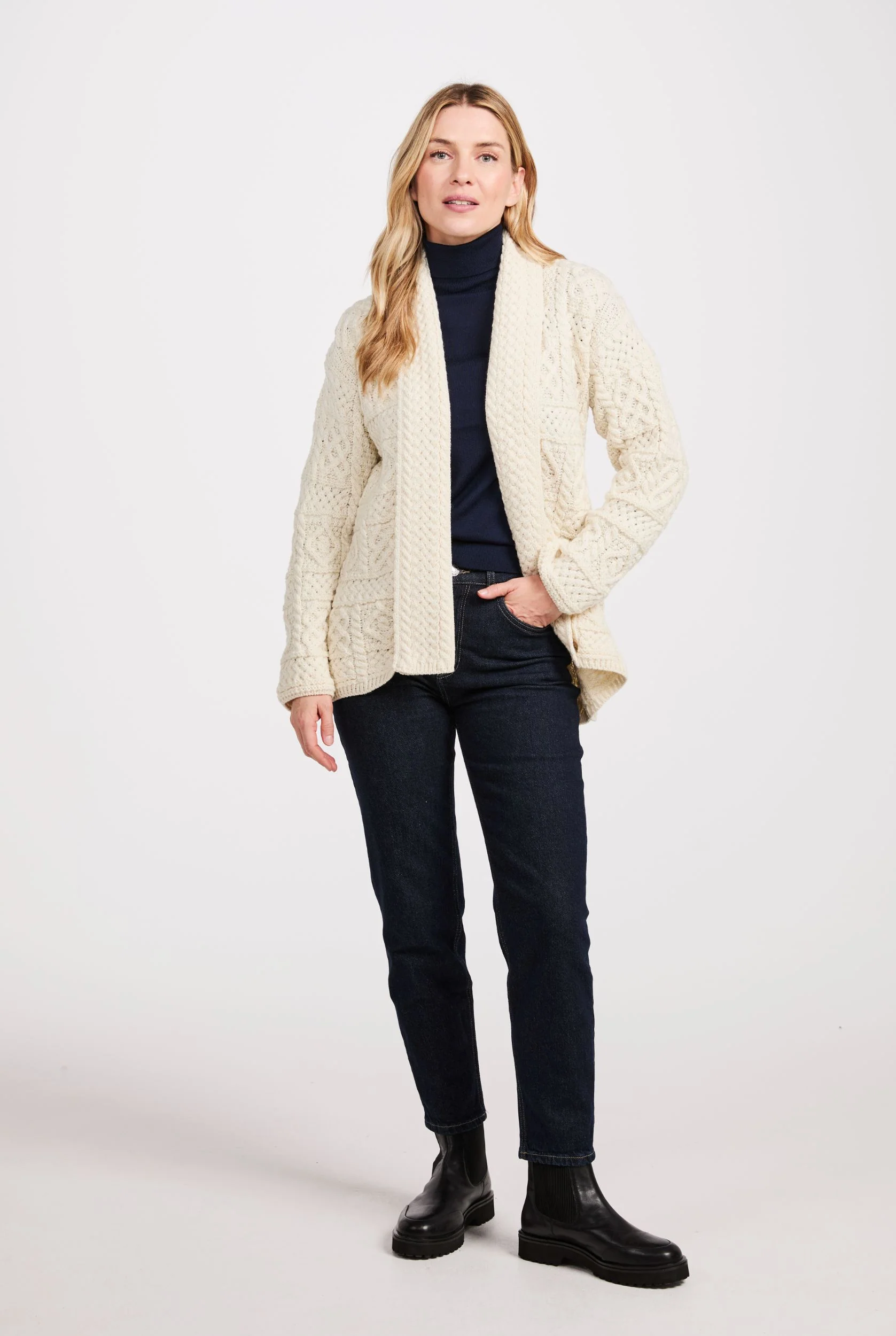 Liffey Ladies Merino Aran Shawl Cardigan - Cream - Image 5