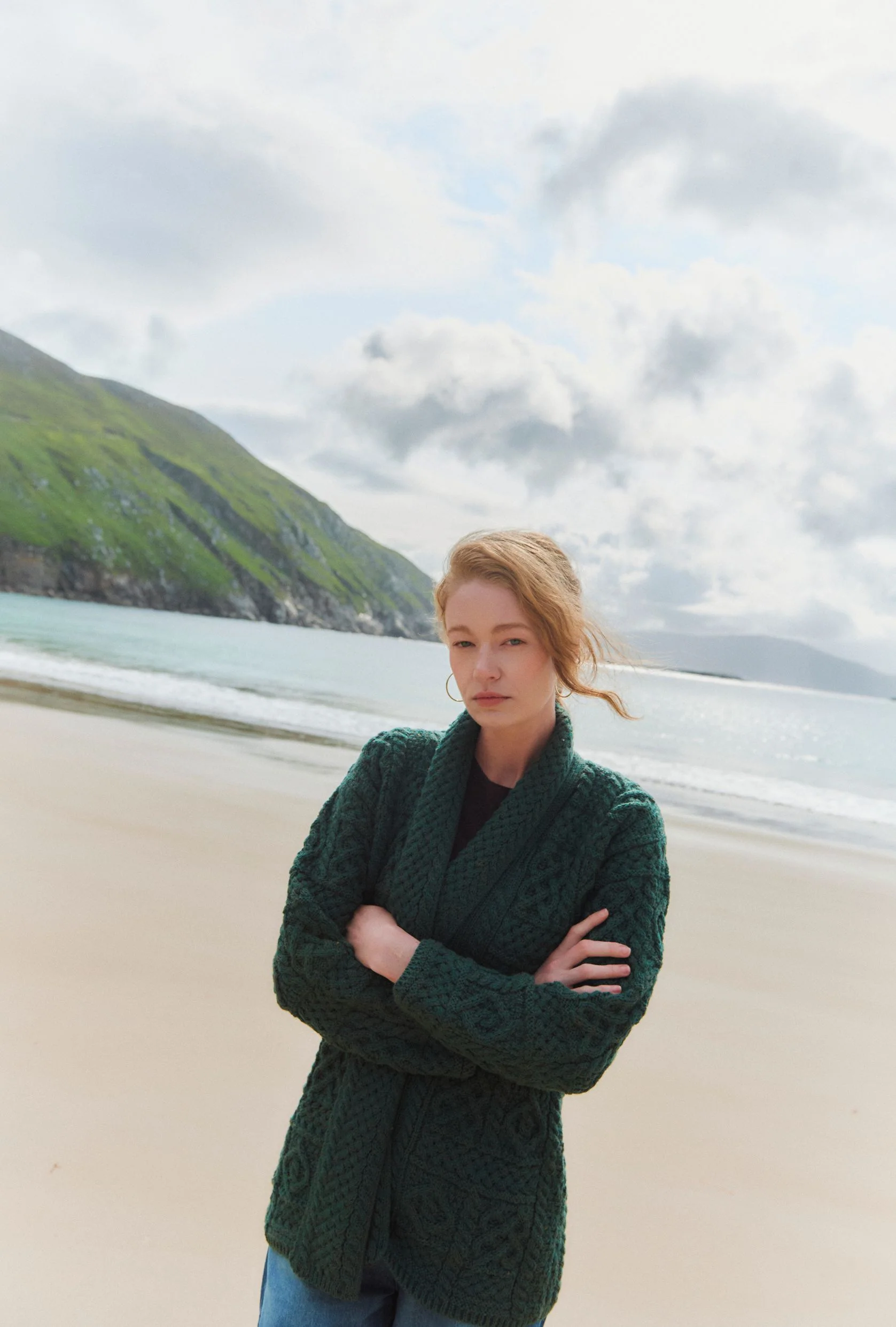 Liffey Ladies Merino Aran Shawl Cardigan - Green - Image 3