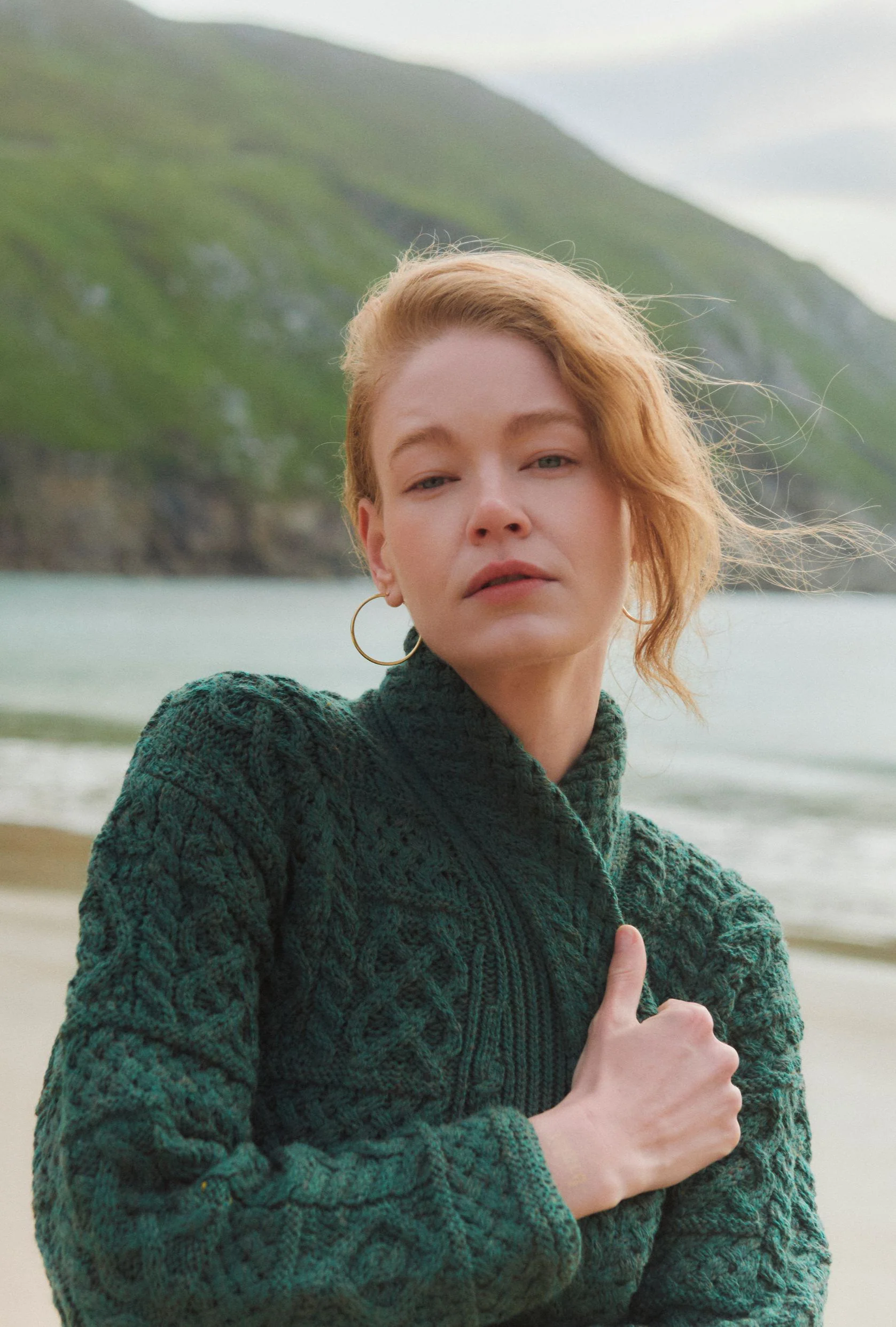Liffey Ladies Merino Aran Shawl Cardigan - Green - Image 4