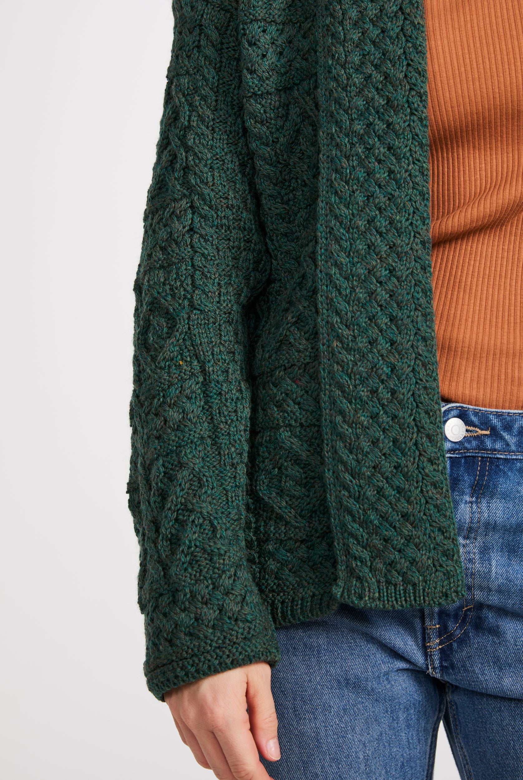 Liffey Ladies Merino Aran Shawl Cardigan - Green - Image 7