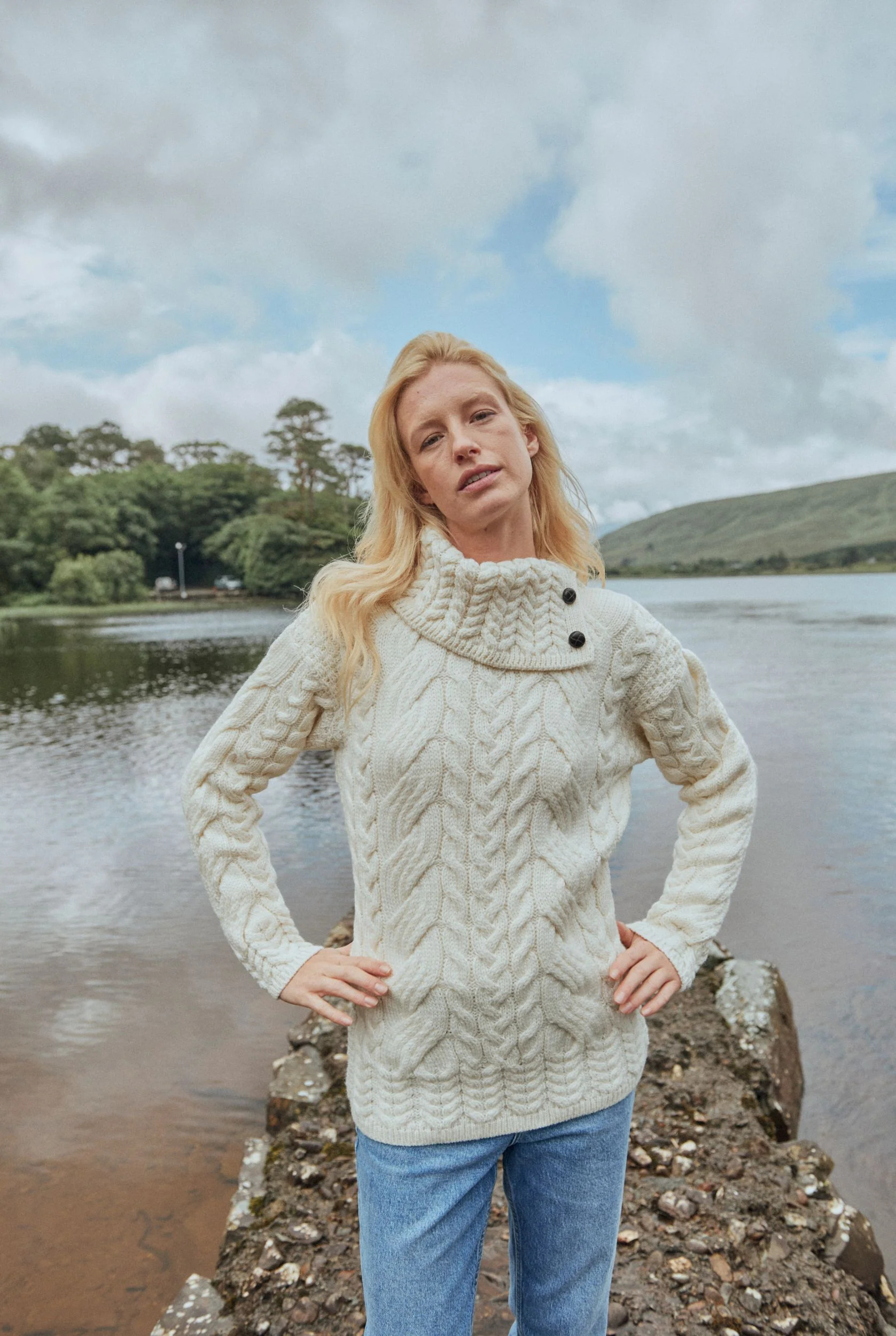 Maeve Aran Supersoft Merino Sweater with Button Collar - Cream - Image 3