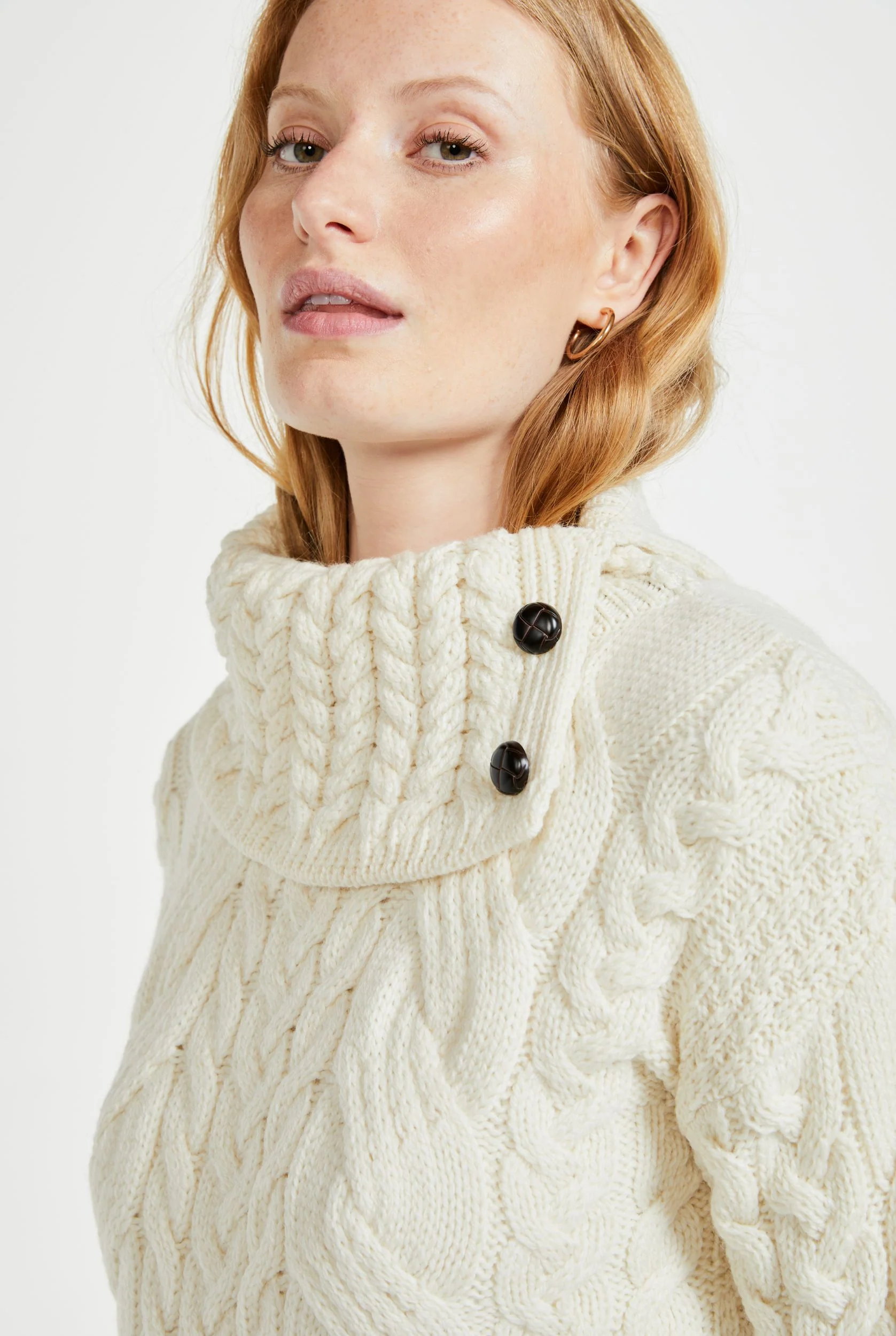 Maeve Aran Supersoft Merino Sweater with Button Collar - Cream - Image 4