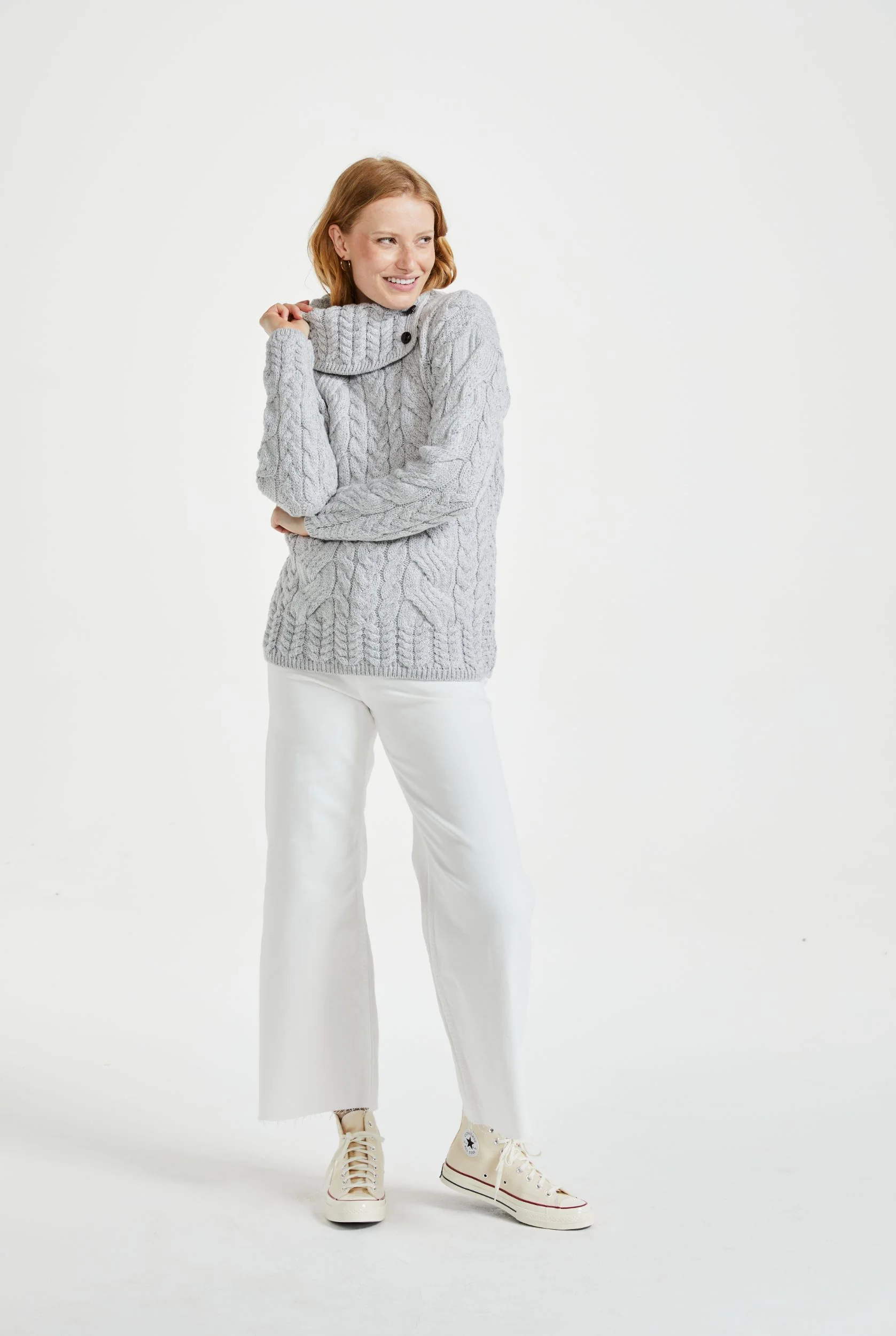 Maeve Aran Supersoft Merino Sweater with Button Collar - Feathered Grey - Image 3