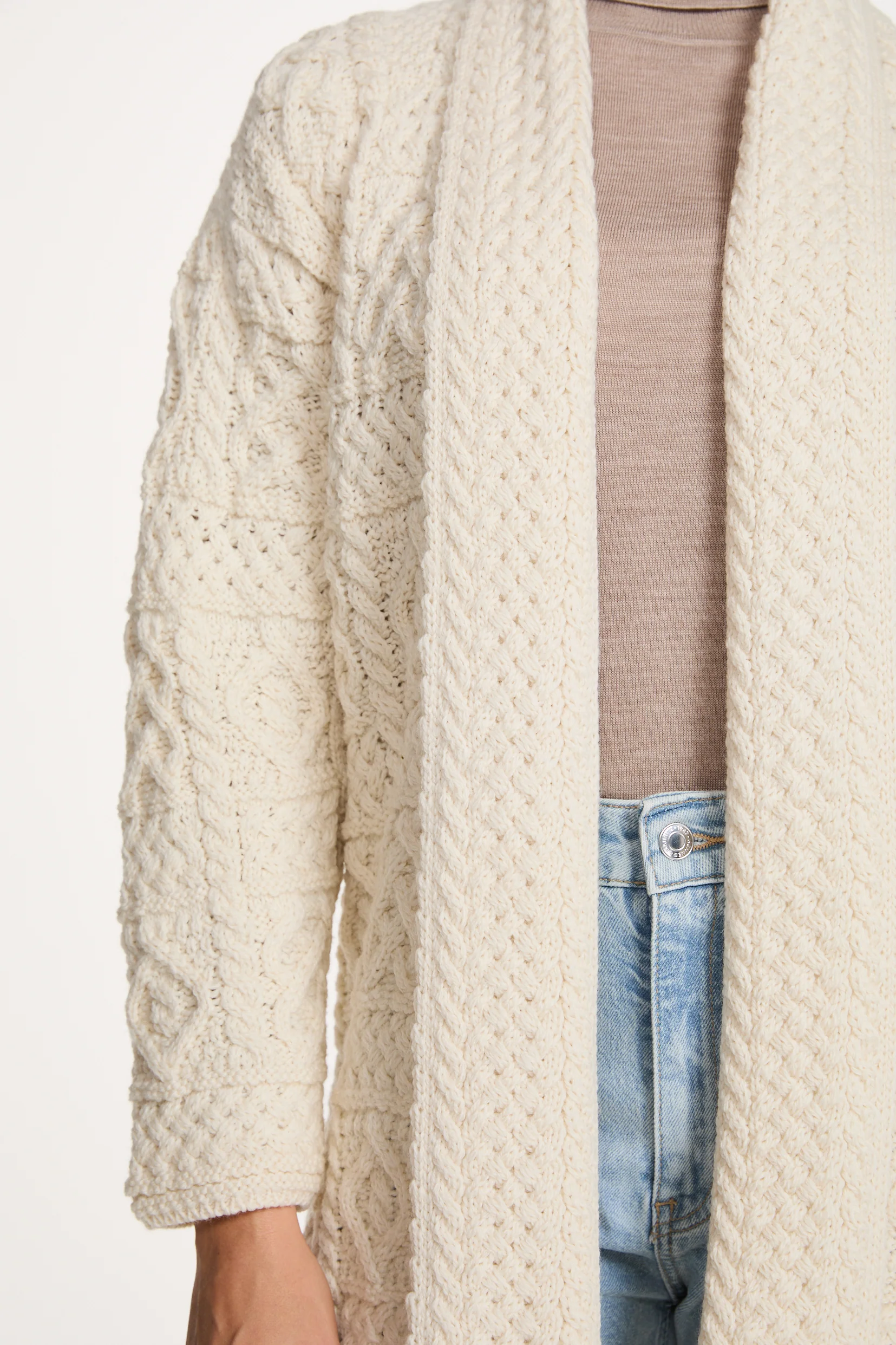 Tara Ladies Merino Aran Long Shawl Cardigan - Cream - Image 3