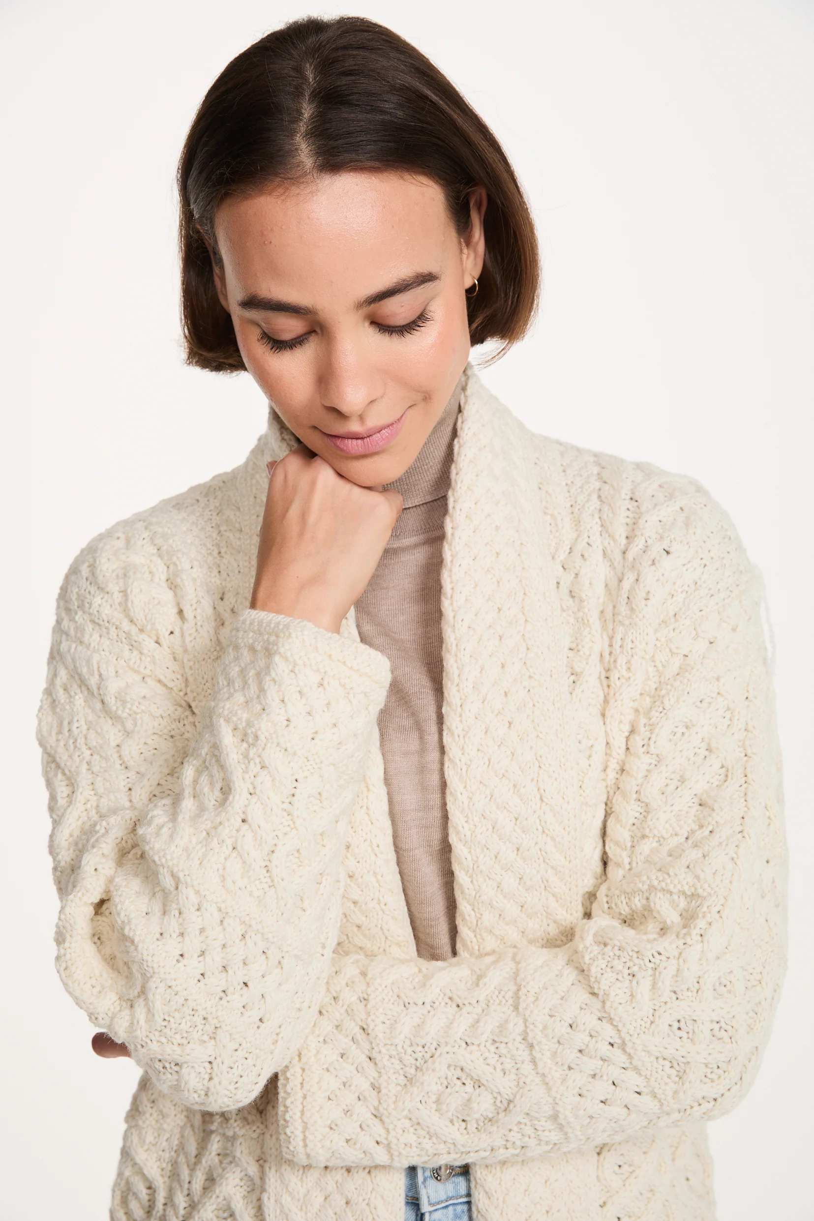 Tara Ladies Merino Aran Long Shawl Cardigan - Cream - Image 4