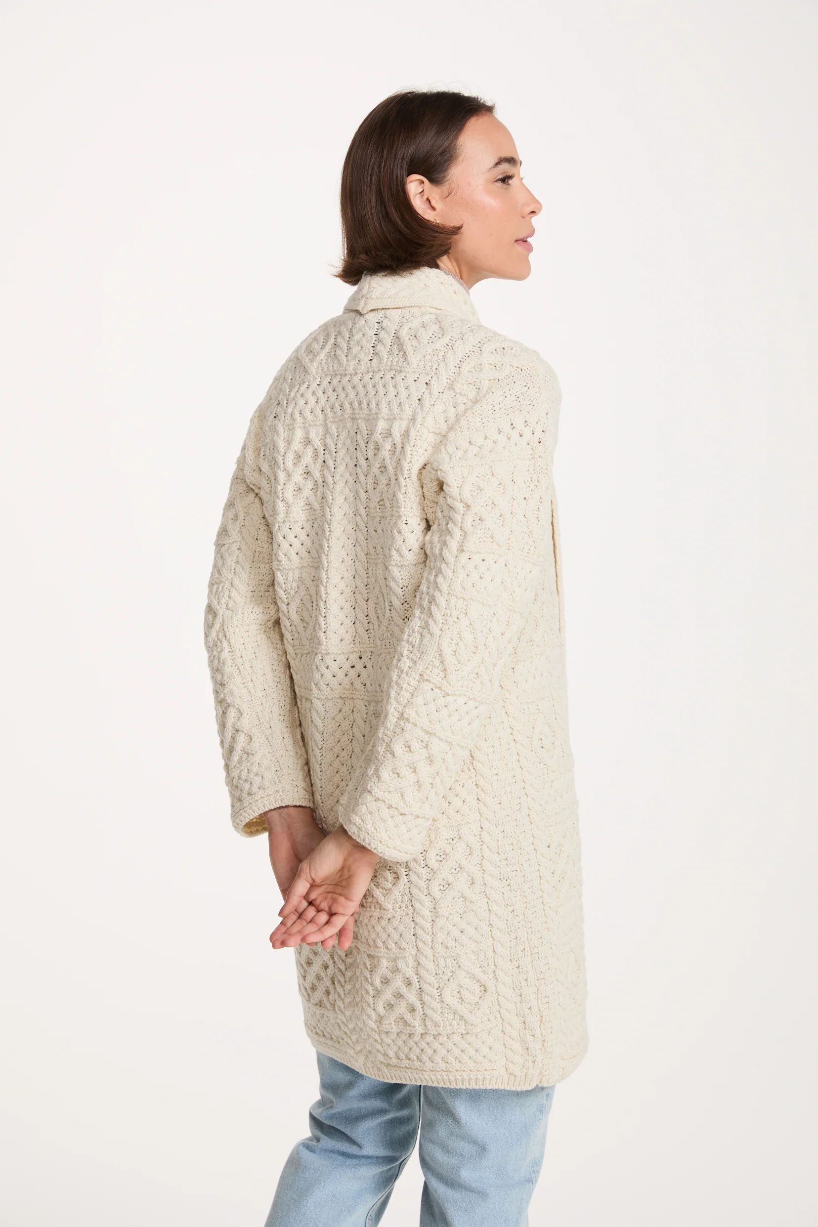 Tara Ladies Merino Aran Long Shawl Cardigan - Cream - Image 5