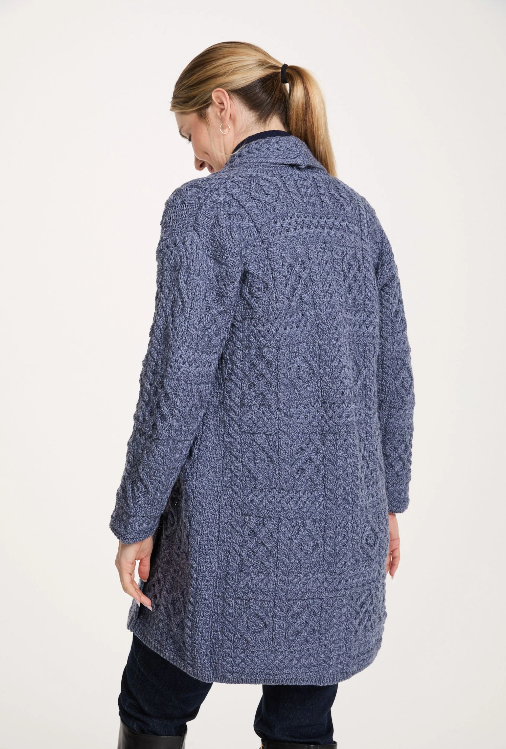 Tara Ladies Merino Aran Long Shawl Cardigan - Denim - Image 3