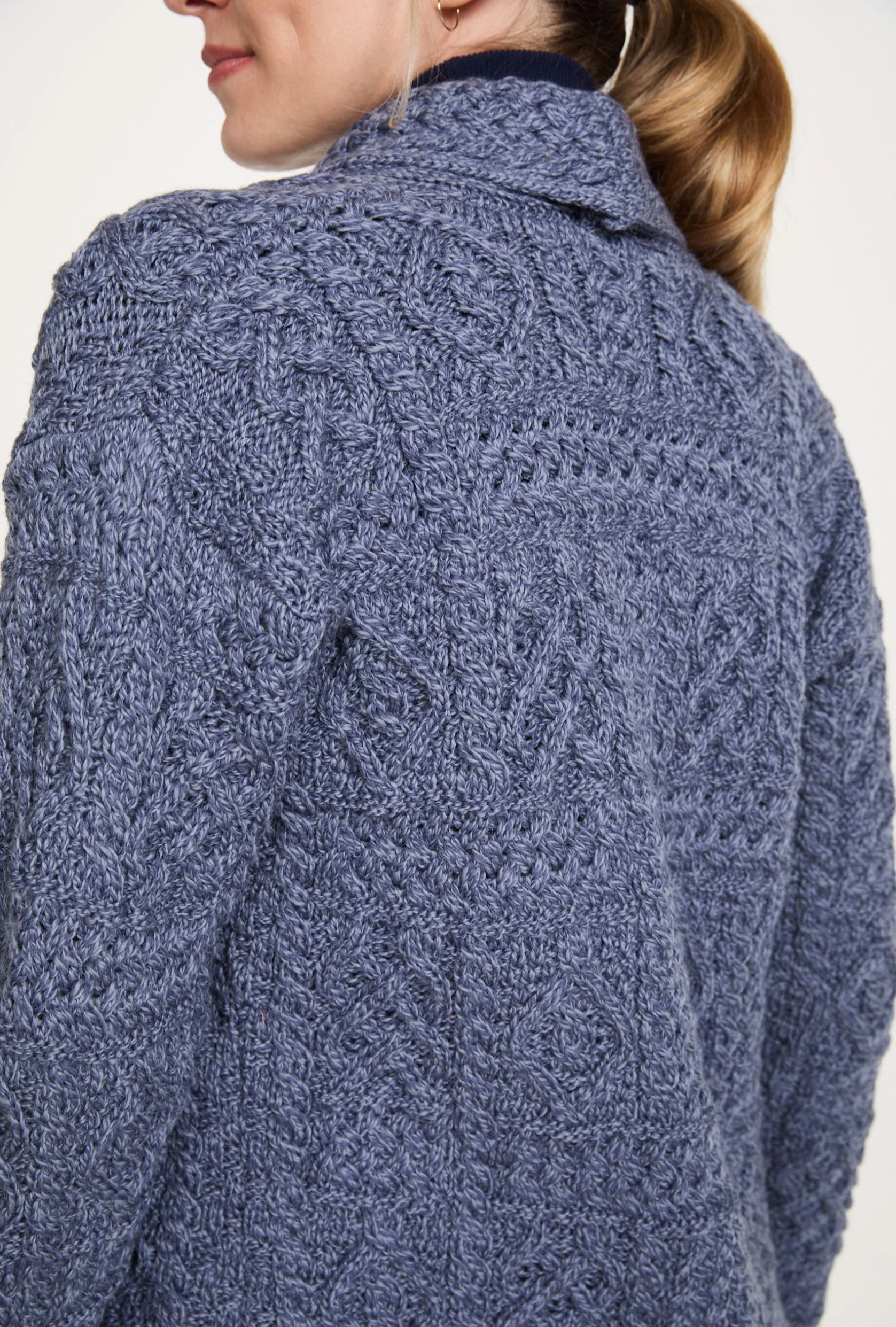 Tara Ladies Merino Aran Long Shawl Cardigan - Denim - Image 4