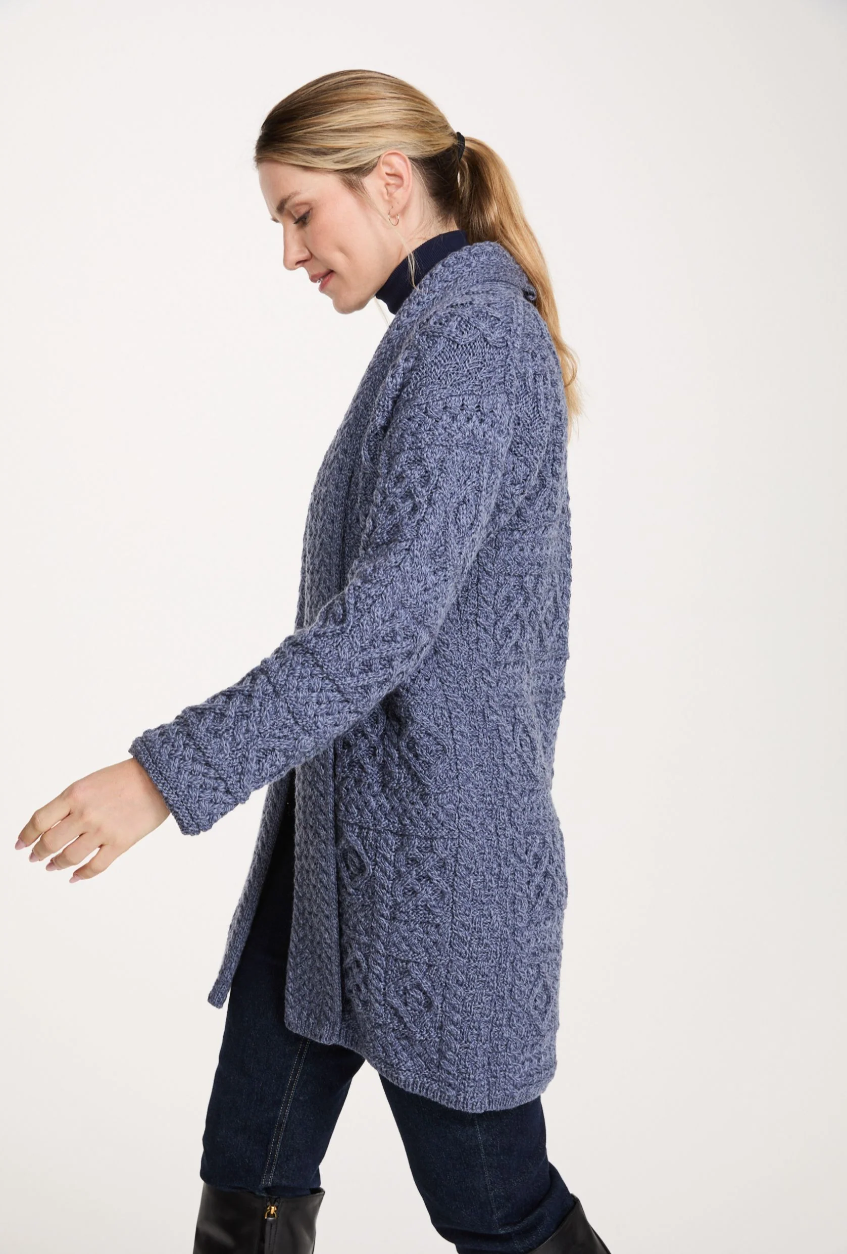 Tara Ladies Merino Aran Long Shawl Cardigan - Denim - Image 5