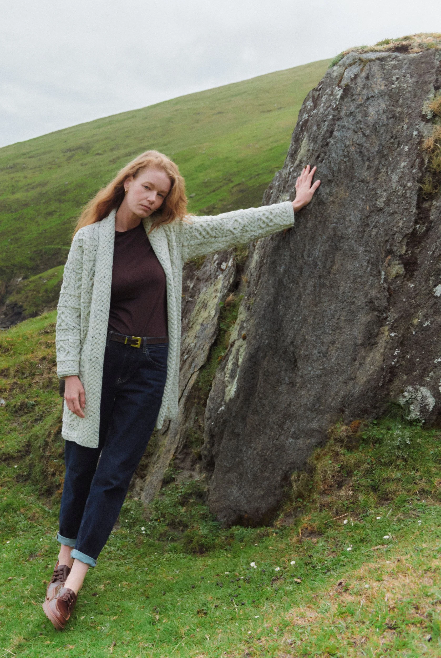 Tara Ladies Merino Aran Long Shawl Cardigan - Flecked Cream - Image 3