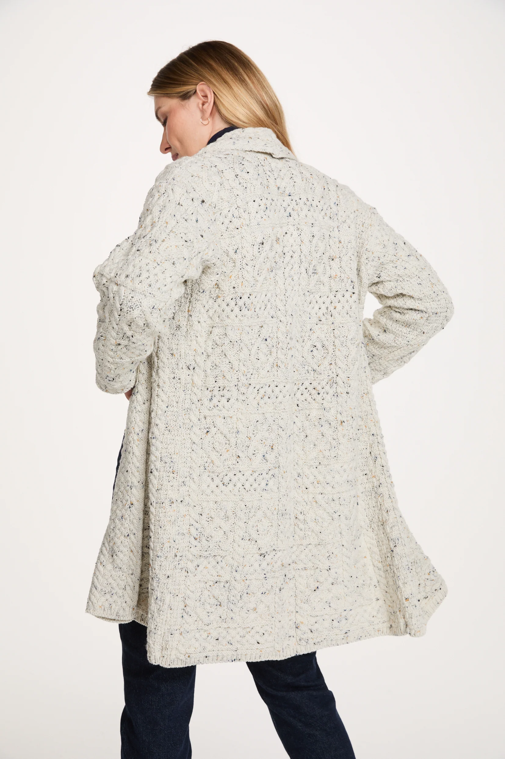 Tara Ladies Merino Aran Long Shawl Cardigan - Flecked Cream - Image 4
