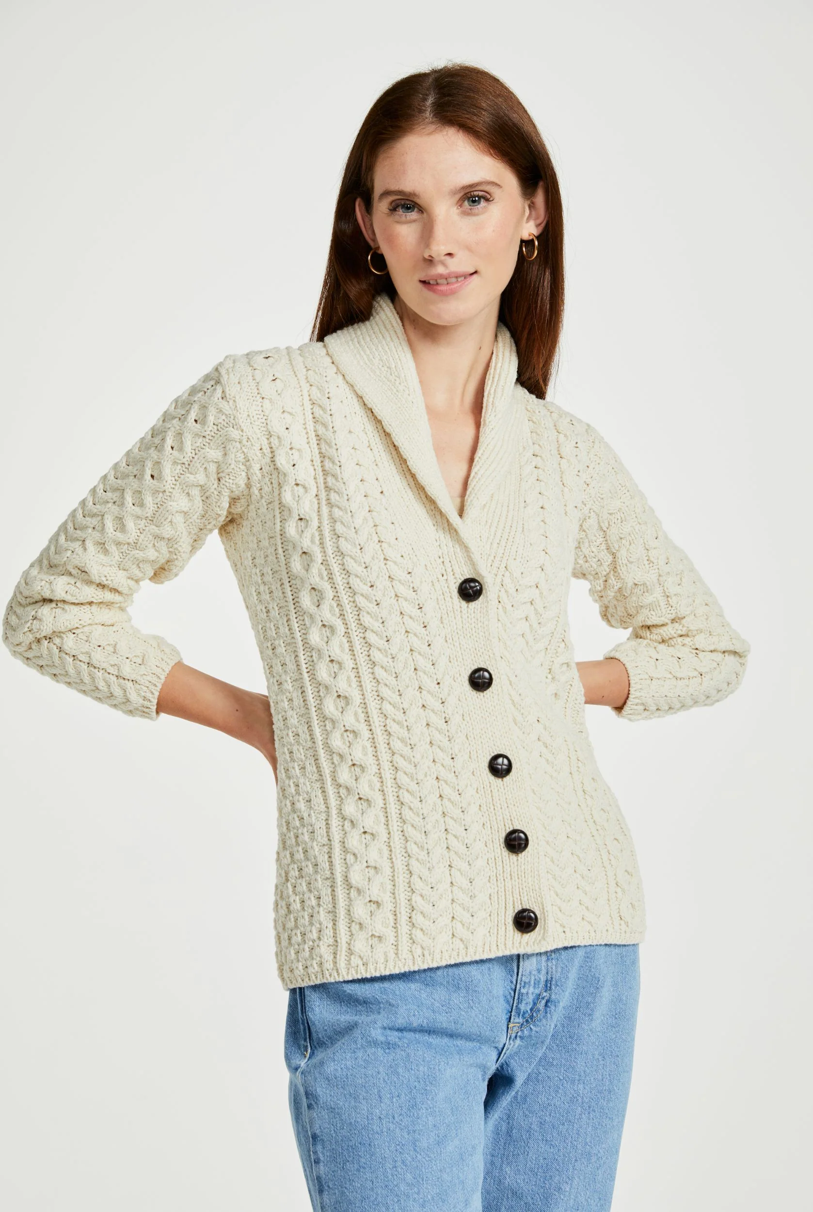 Tourmakeady Shawl Collar Aran Cardigan - Cream - Image 3
