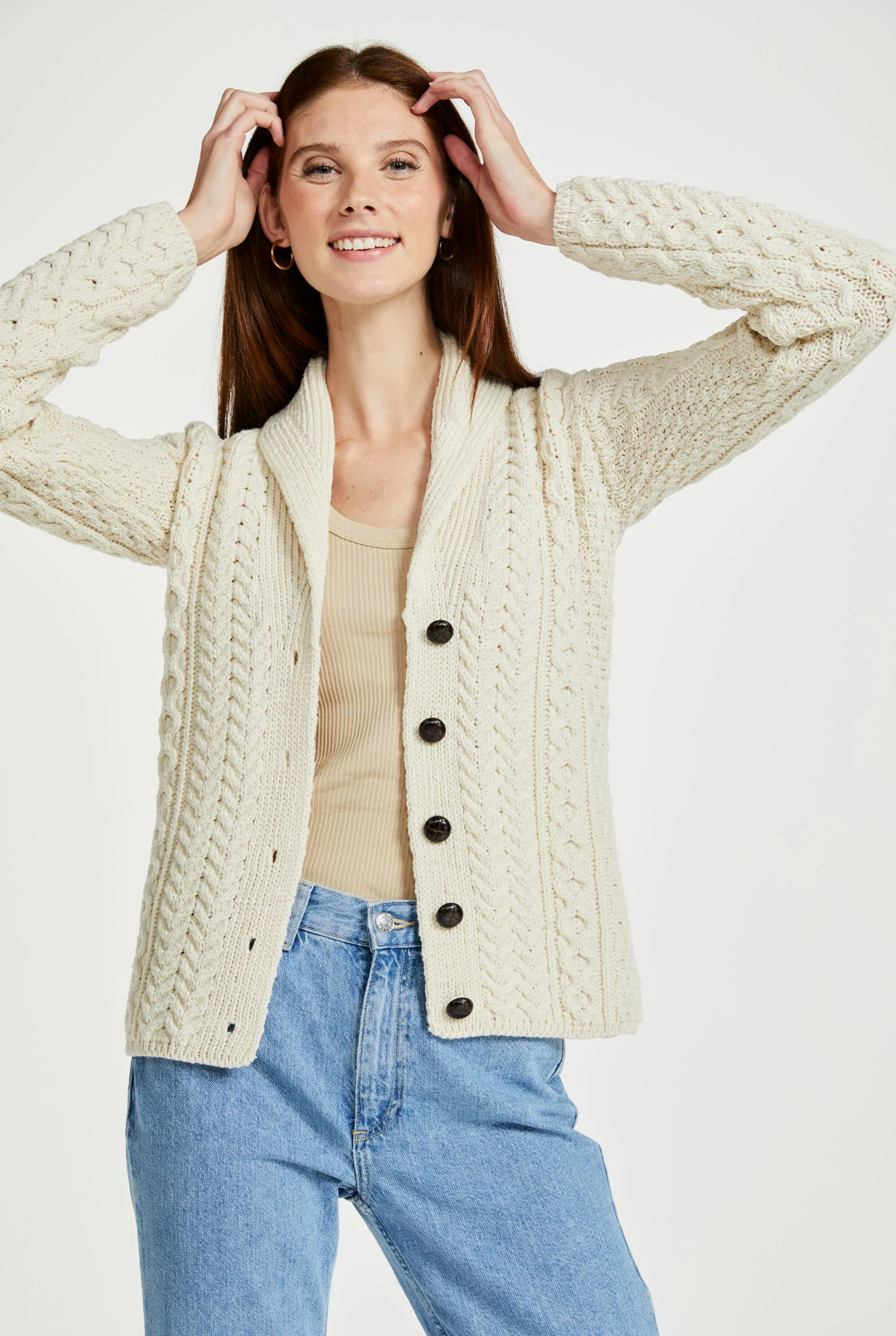 Tourmakeady Shawl Collar Aran Cardigan - Cream - Image 4