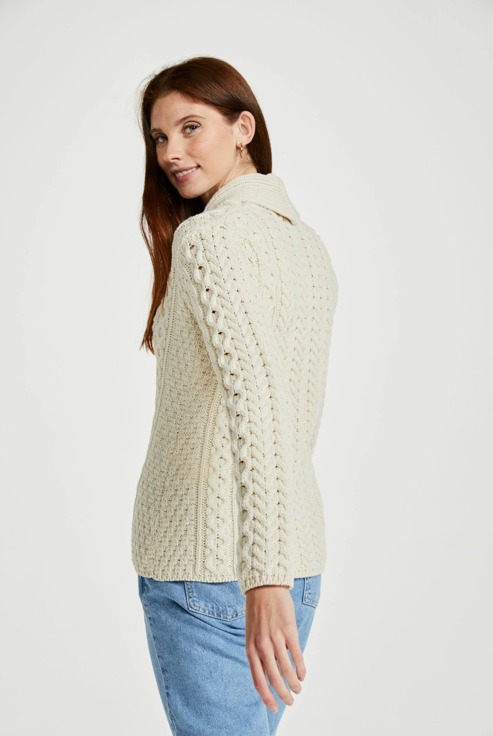 Tourmakeady Shawl Collar Aran Cardigan - Cream - Image 5