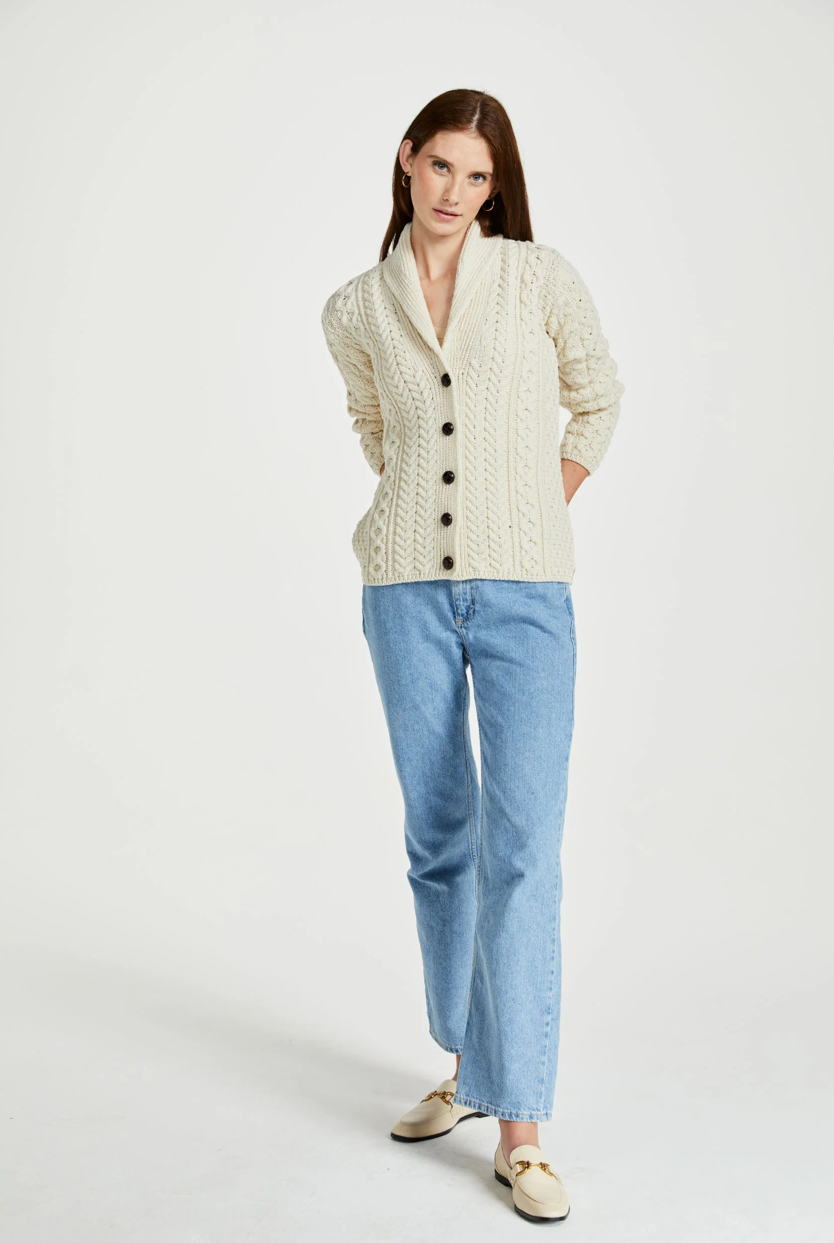 Tourmakeady Shawl Collar Aran Cardigan - Cream - Image 6