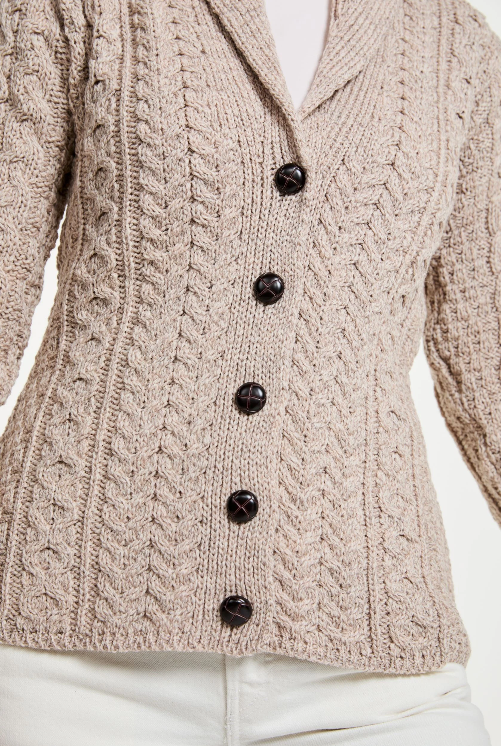 Tourmakeady Shawl Collar Merino Aran Cardigan - Oat - Image 4