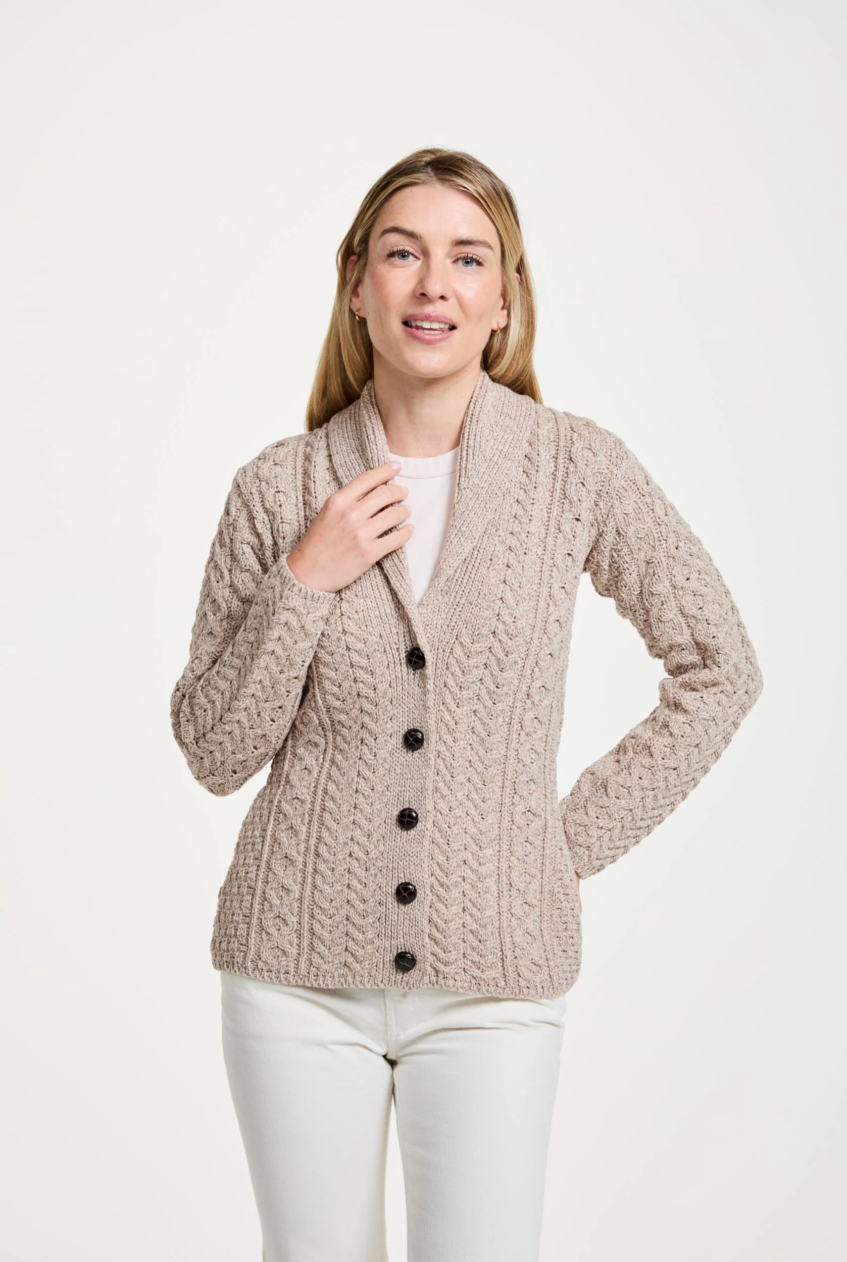 Tourmakeady Shawl Collar Merino Aran Cardigan - Oat - Image 5