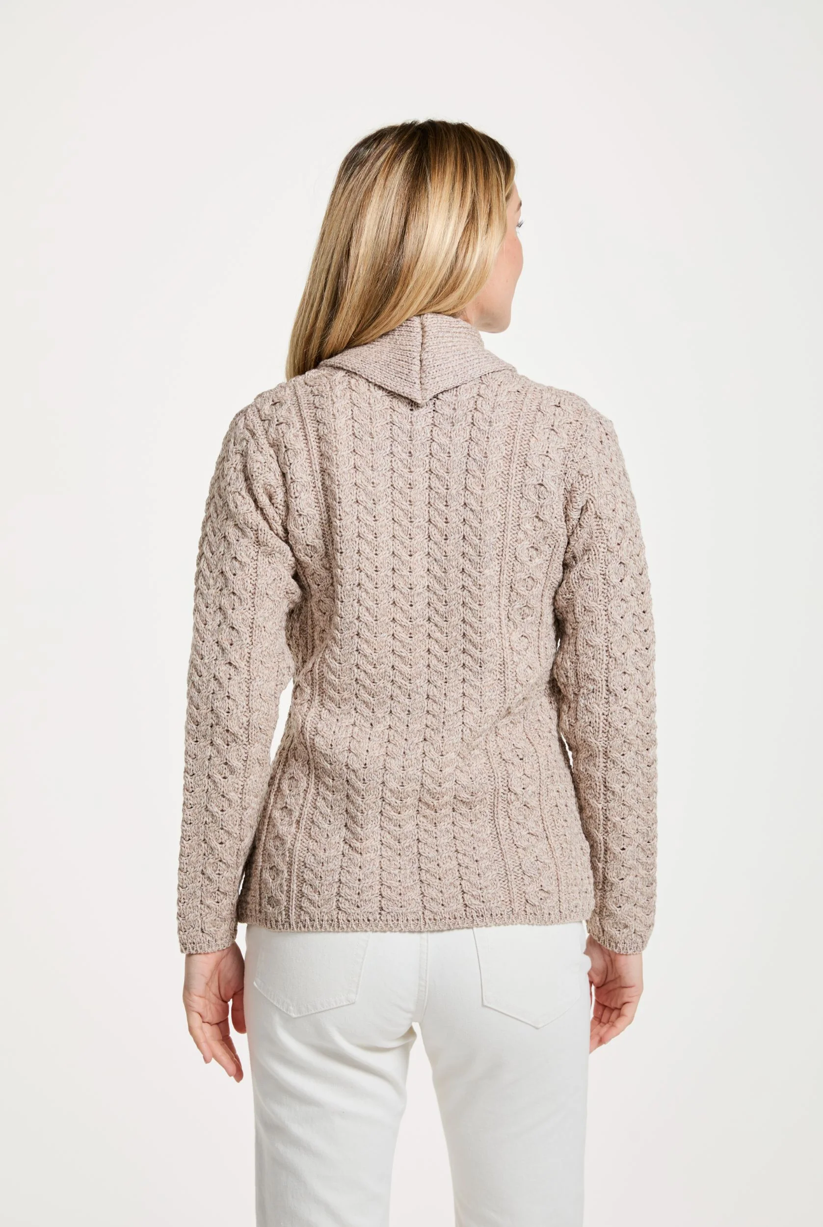 Tourmakeady Shawl Collar Merino Aran Cardigan - Oat - Image 6