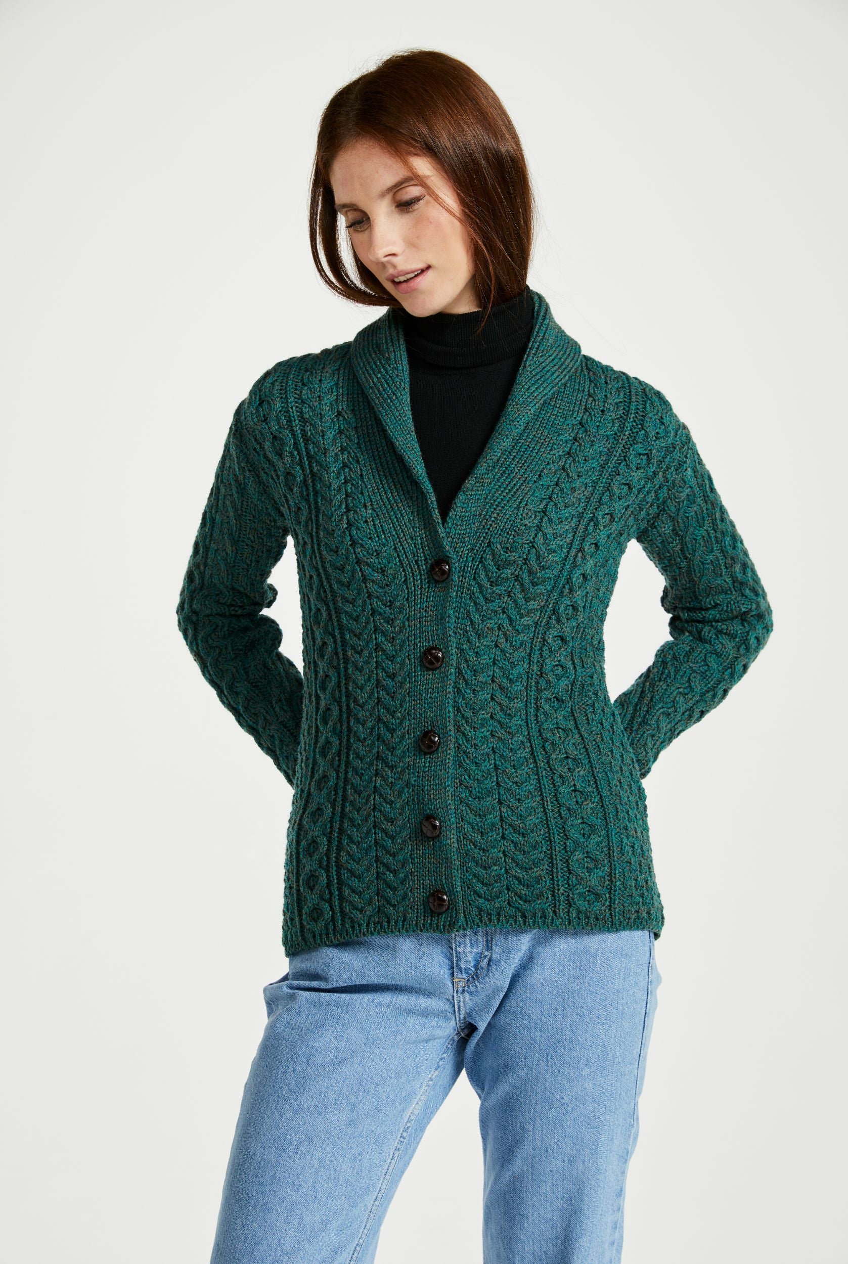 Tourmakeady Shawl Collar Merino Aran Cardigan - Green - Image 3