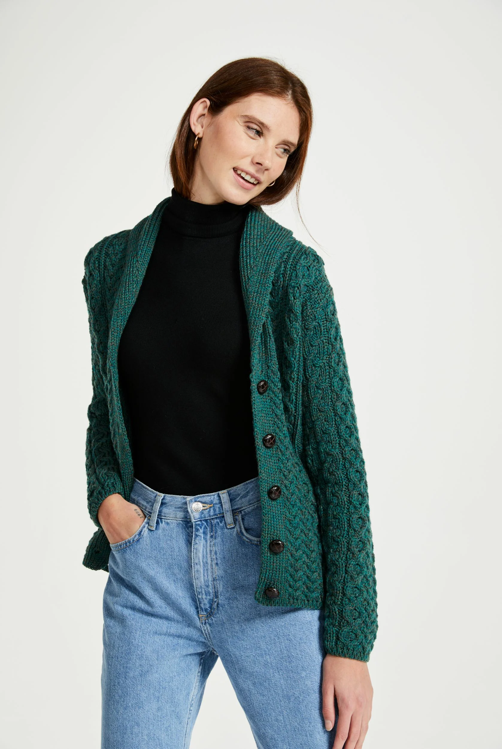 Tourmakeady Shawl Collar Merino Aran Cardigan - Green - Image 4