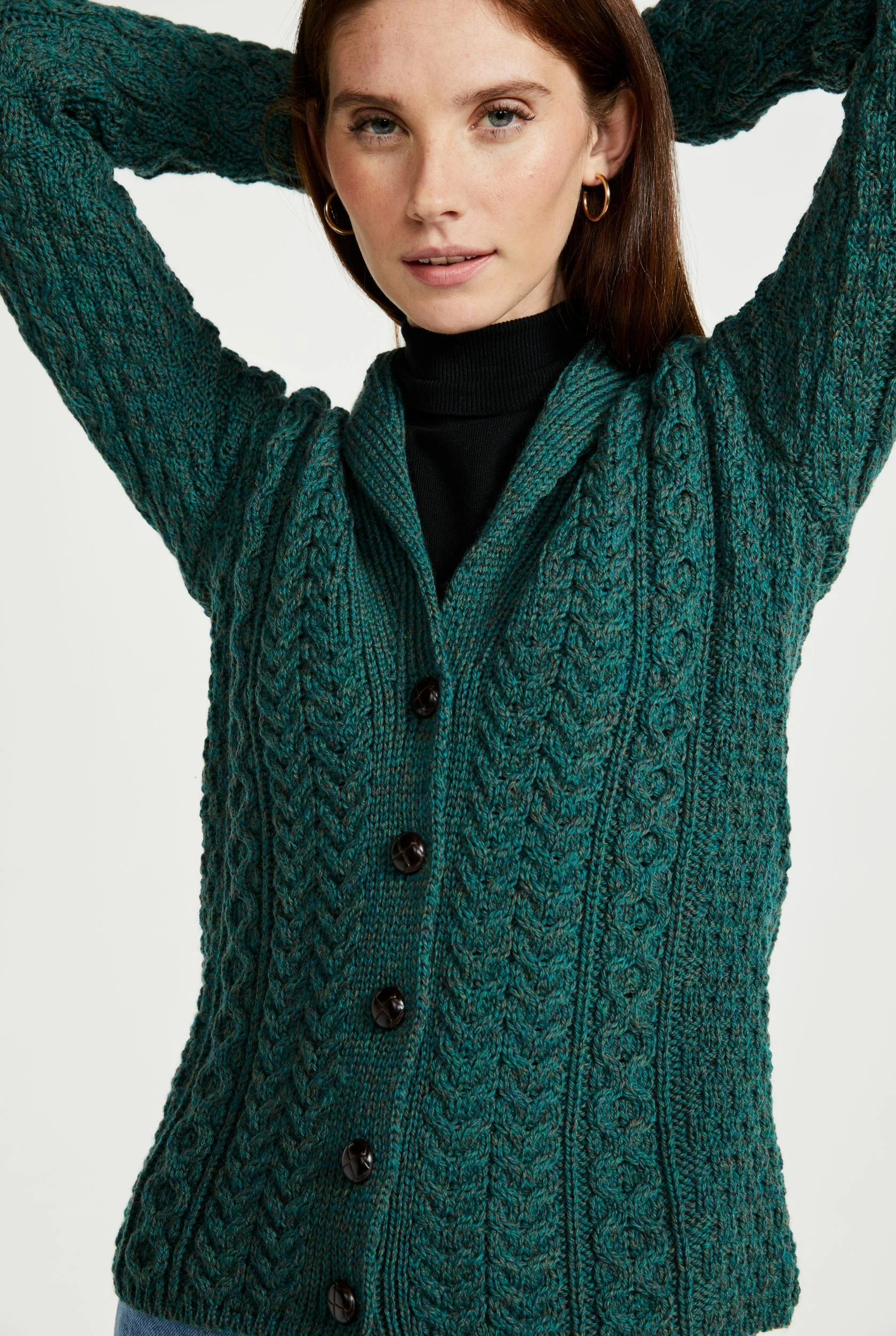 Tourmakeady Shawl Collar Merino Aran Cardigan - Green - Image 5