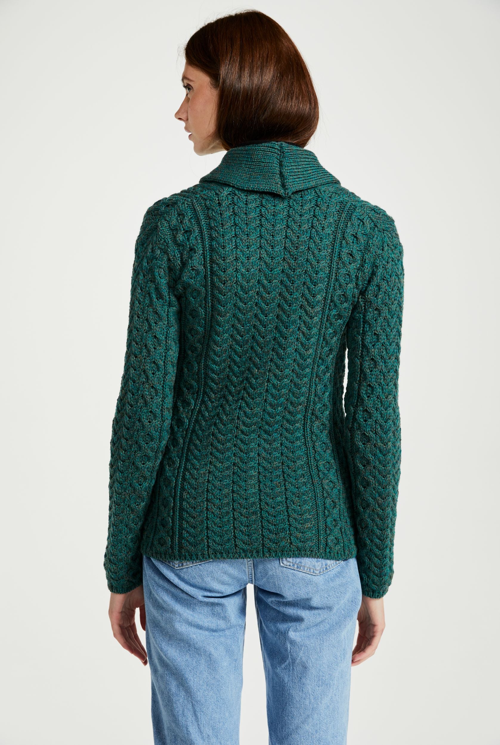 Tourmakeady Shawl Collar Merino Aran Cardigan - Green - Image 6